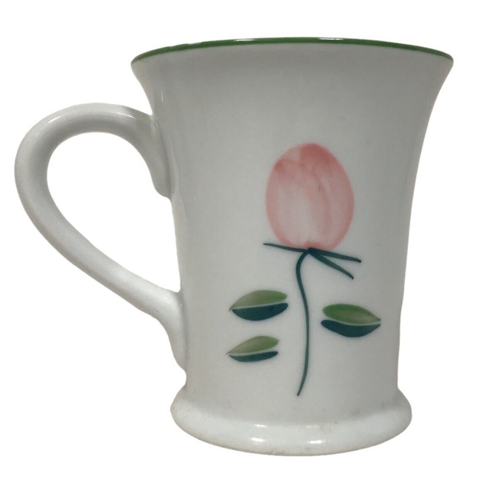 Henriksen Imports Pink Rose Floral Ceramic Coffee Mug Green Rim Flared Base